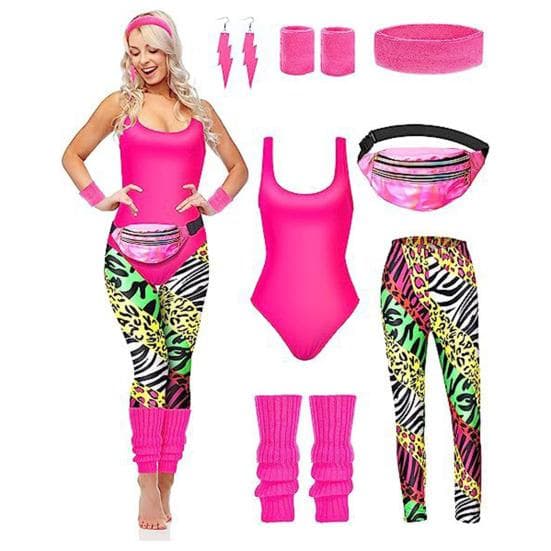Trainingsanzug 1980er Jahre Sportbekleidung Fitness Weste Outfit Kostüm Zubehör mit Armbändern Leggings Stirnband Beinwärmer cm rose rot