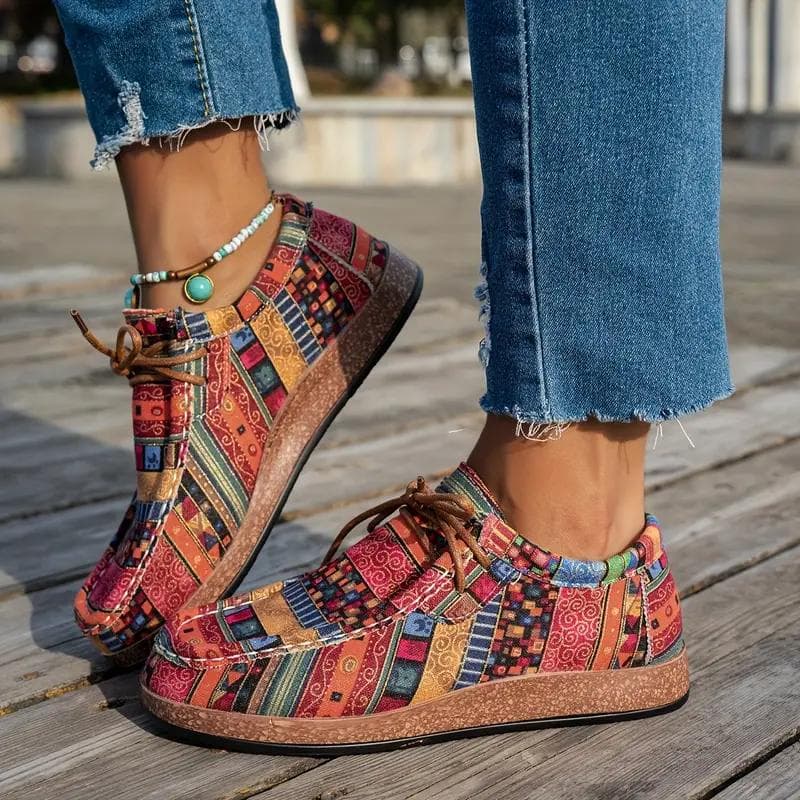 Damen Casual Flache Sneaker - Buntes Patchwork-Design, Schnürung, Leichtgewicht, Ganzjahres-Komfortschuhe, Freizeit-Schuhwerk | Lebhafte Sneaker cm