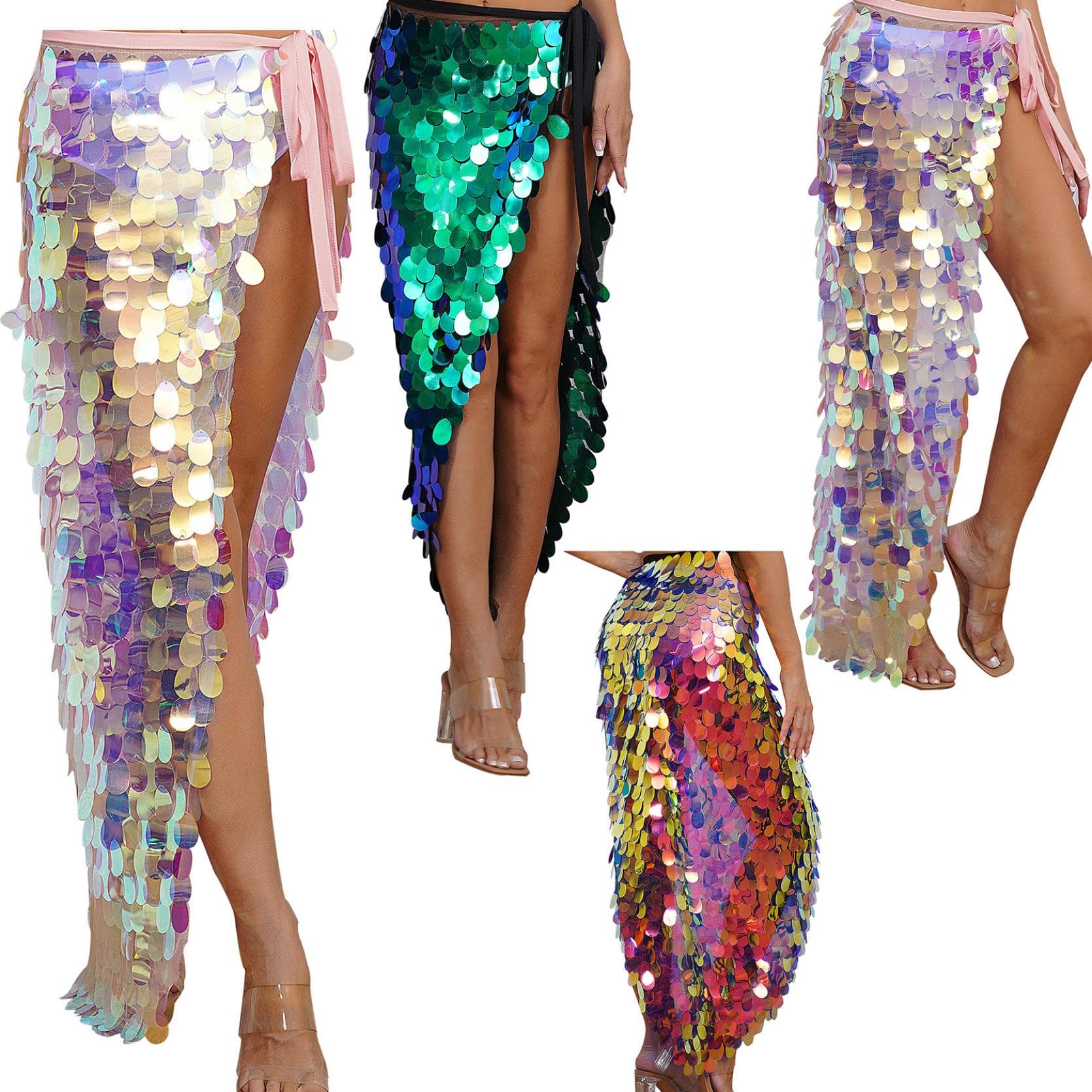 Langer Bauchtanz-Hüftrock für Damen, Halloween, glitzernde Pailletten-Schnürung, Meerjungfrau-Hüfttuch, Wickel-Festival-Tanzkostüme cm grün