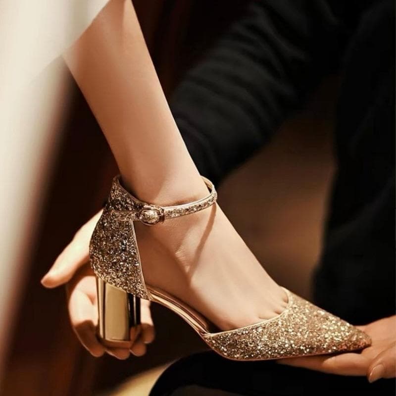 Schuhe Damen Knöchelschnalle Riemen Damen High Heels Mode Kleid Pumps Damen Bling Spitz Zehenbereich Flach Klobige Absätze Sandale cm