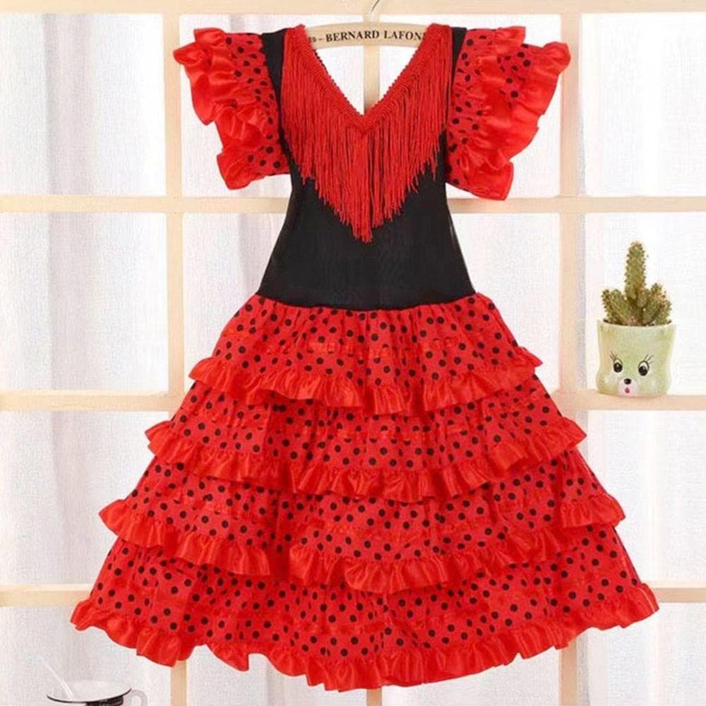 Kurzärmeliges Spanisches Tanzkleid Quaste Traditionelles Spanisches Kleid Festival Quastenkleid Cosplay cm rot