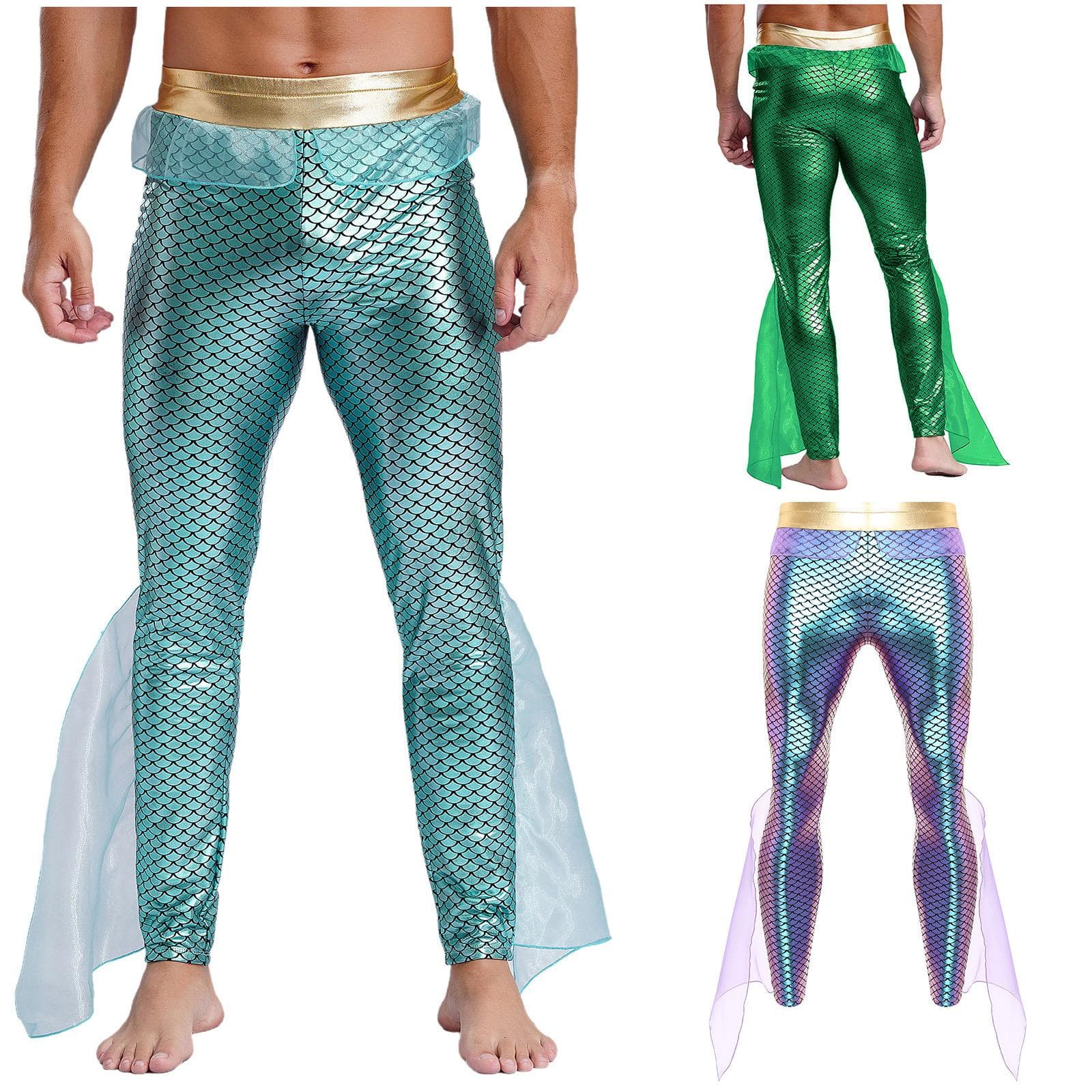 König der Meere Kostüm für Herren - Glänzende Meerjungfrauen-Leggings mit Fischschuppenmuster, Halloween- & Cosplay-Outfit cm grün