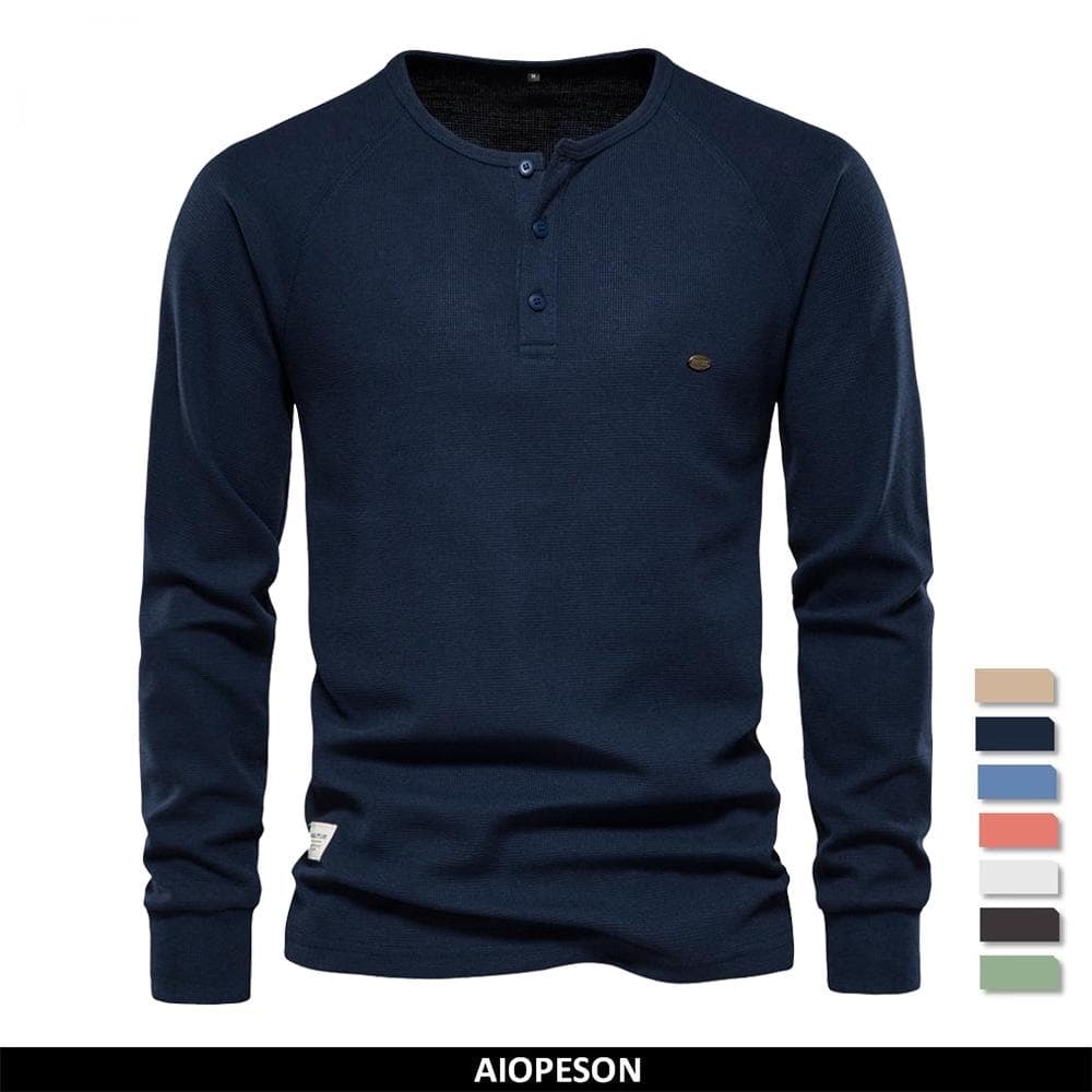 AIOPESON Herren-Langarm-T-Shirt 2022, Henley-Kragen, Waffel-Langarm, einfach, atmungsaktiv, Herren-T-Shirts, einfarbig, Tops, Herren, Designer-T-Shirt