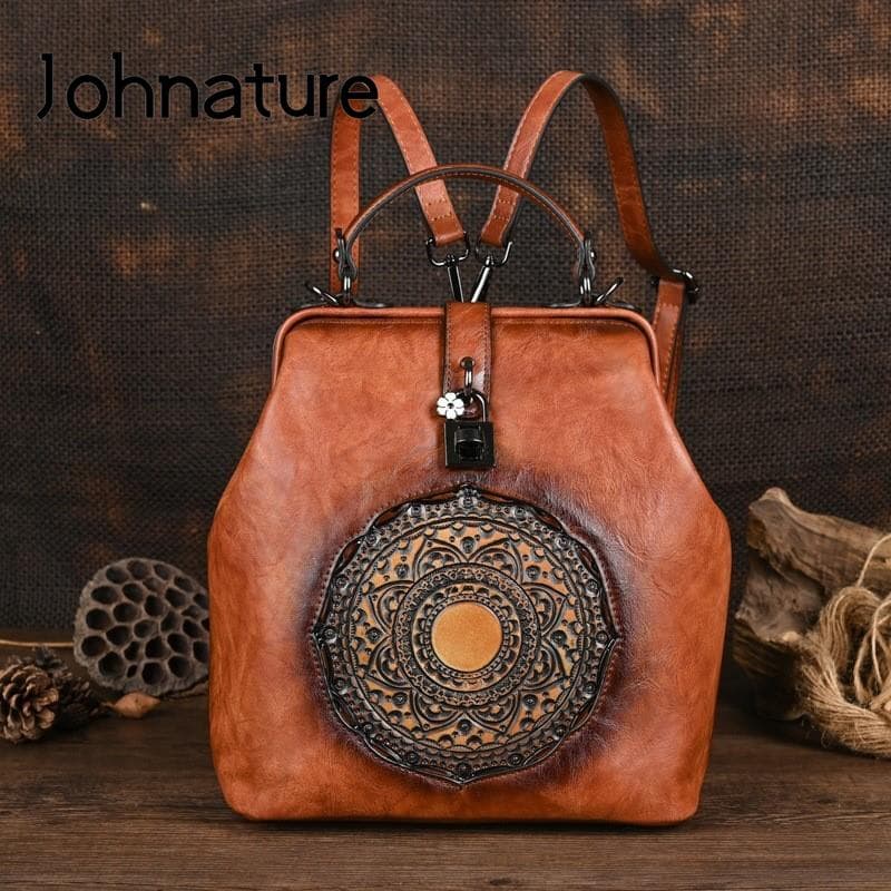 Johnature Vintage-Rucksack, vielseitig, Totem-geprägt, einfarbig, Damen-Ledertasche, große Kapazität, Reiserucksäcke kaffeebraun