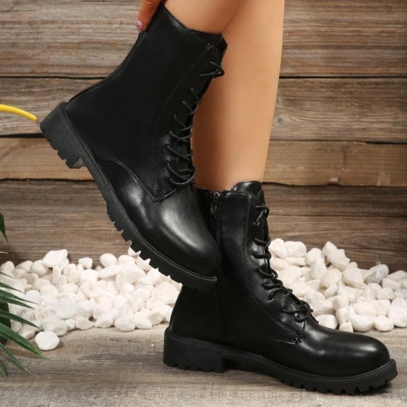 Modische Britische Einfarbige Reißverschluss-Stiefeletten für Damen Herbst Winter Runde Zehen Schnürstiefeletten Damen PU-Lederschuhe Boties Lady