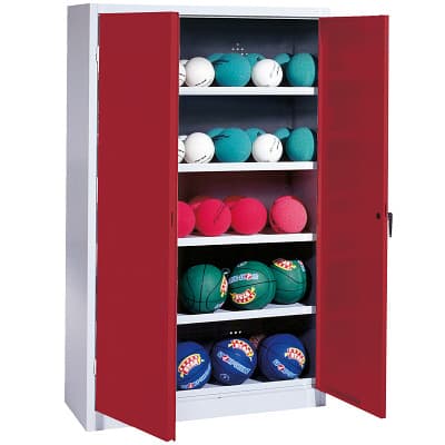 C+P Ballschrank mit Vollblech-Flügeltüren (Typ 3), HxBxT 195x150x50 cm, Ergo-Lock Muldengriff, Rubinrot (RAL 3003), Lichtgrau (RAL 7035),