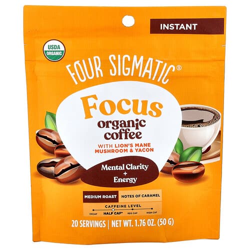 Four Sigmatic, Focus, Organic Instant Coffee With Lion's Mane Mushroom & Yacon, Medium Roast, 1.76 oz (50 g)
