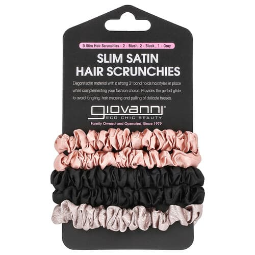 Giovanni, Slim Satin Hair Scrunchies, Blush, Black, Gray, 5 Scrunchies