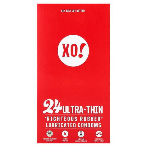 Here We Flo, XO! Ultra-Thin, Righteous Rubber Lubricated Condoms, Unscented, 24 Condoms
