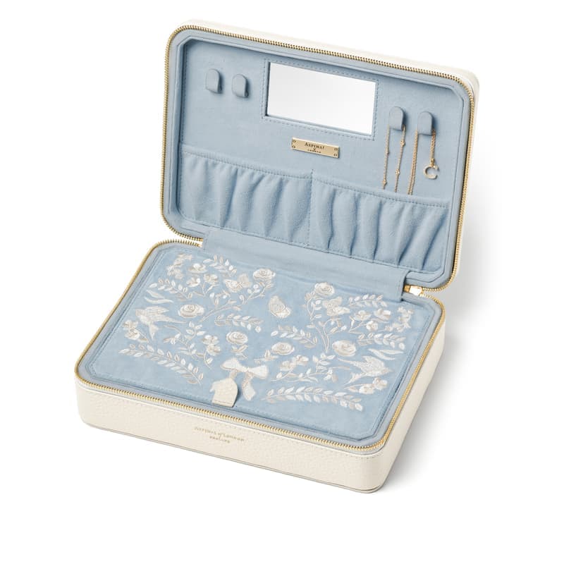 Aspinal of London Large Travel Jewellery Case in Embroidered Ivory Pebble
