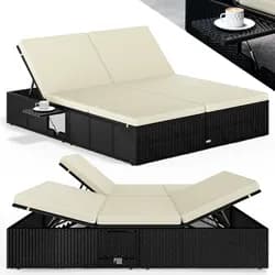 Polyrattan Sonnenliege Schwarz/Creme 200x160x33cm