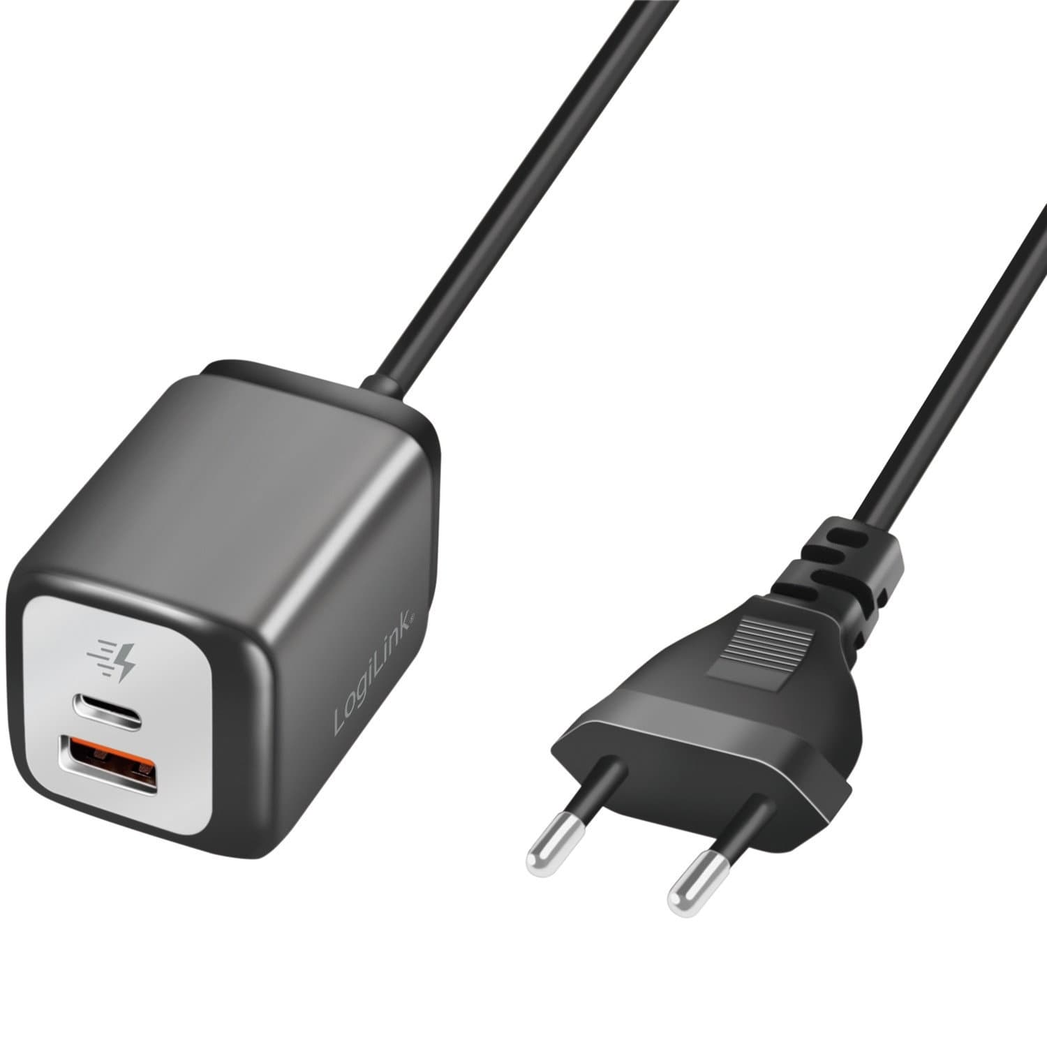 Chargeur USB 1xUSB-A + 1xUSB-C avec câble fixe 1,5m GaN 30W