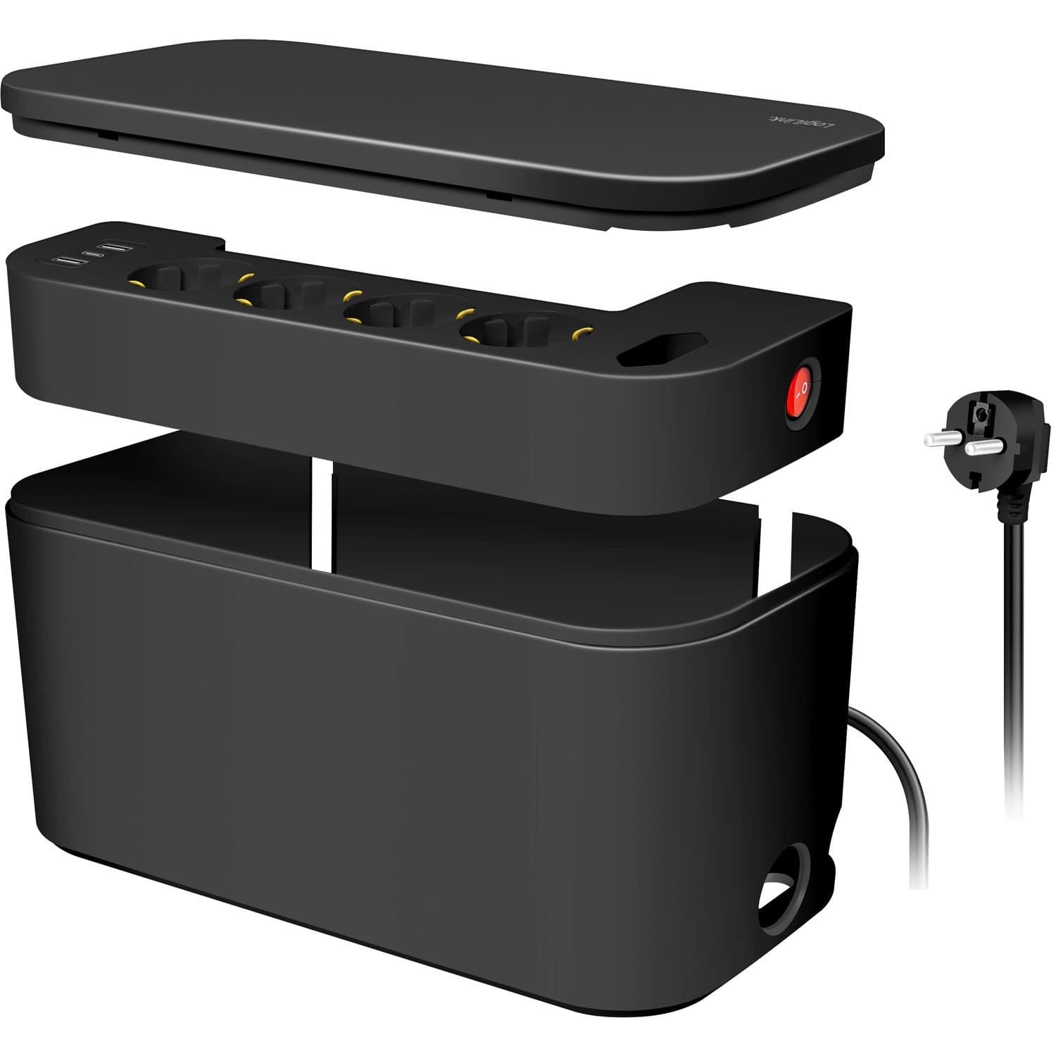 Kabelbox – Kabelversteck mit Abzweigdose + USB-A/USB-C-Aufladung, Schwarz