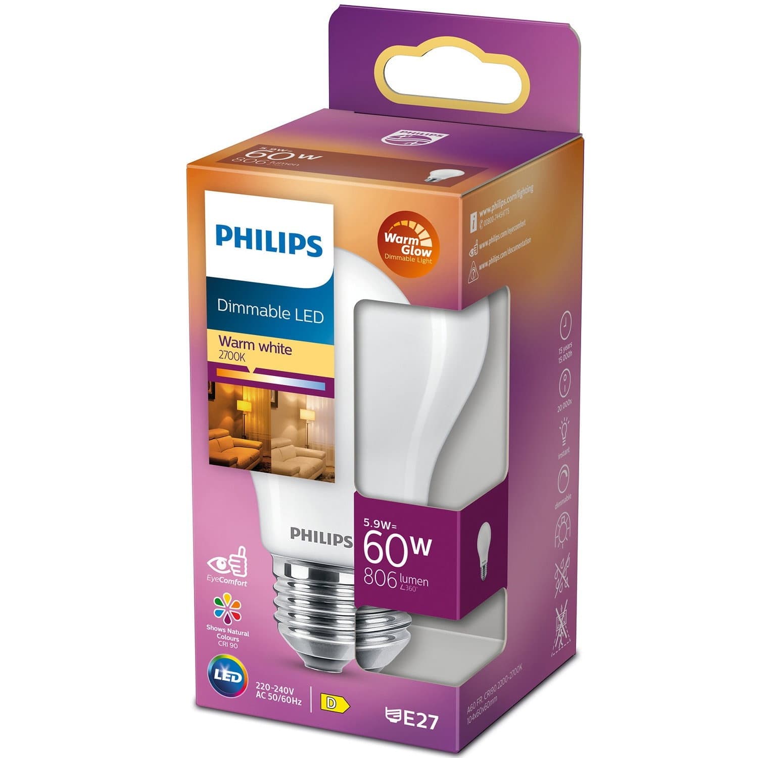 LED E27 Normale 60W Frost Dimmerabile WarmGl 806lm