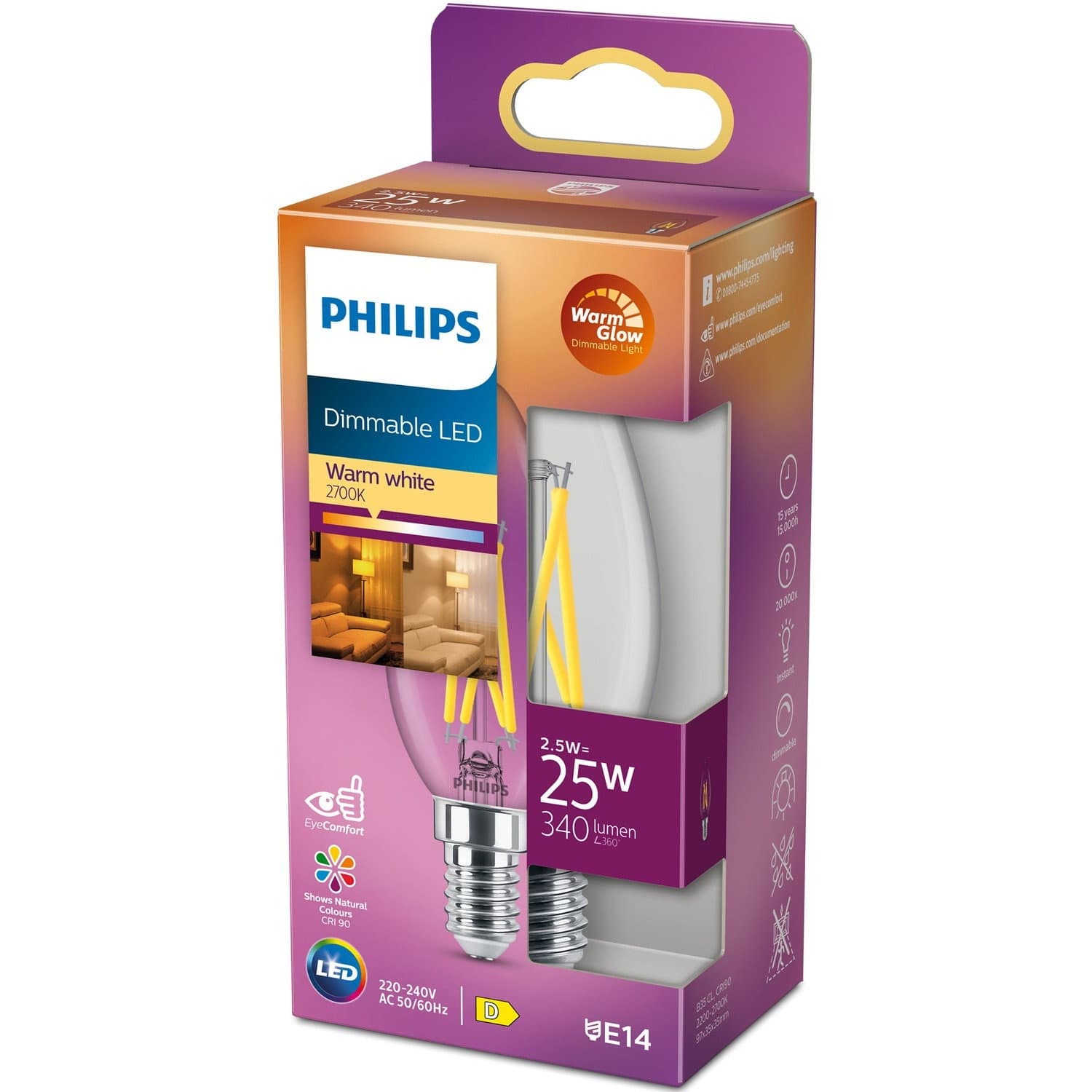 Corona LED E14 2,5W (25W) Trasparente Dim WarmGlow 340