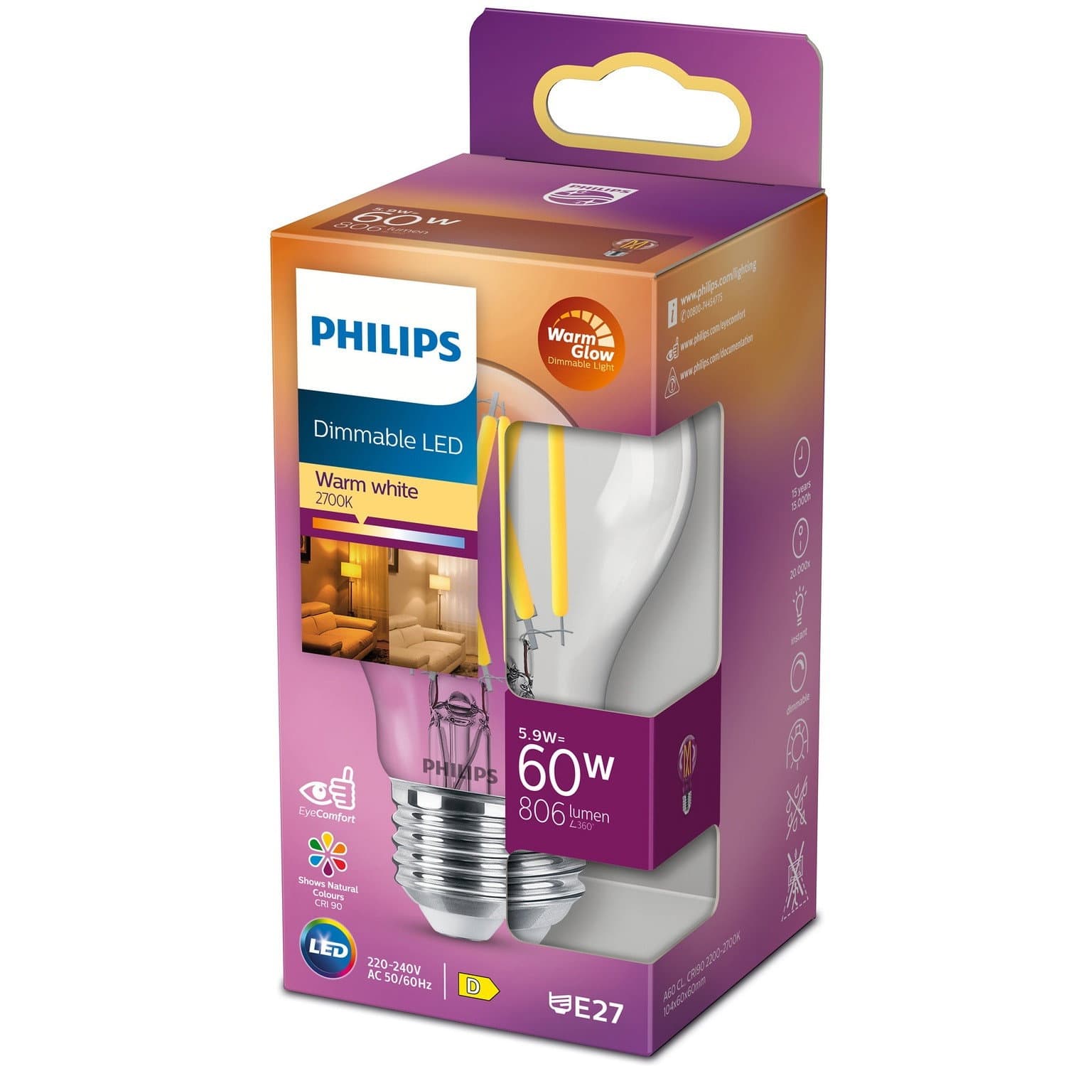 LED E27 Normale 60W Trasparente Dimmerabile WarmGlow 806lm