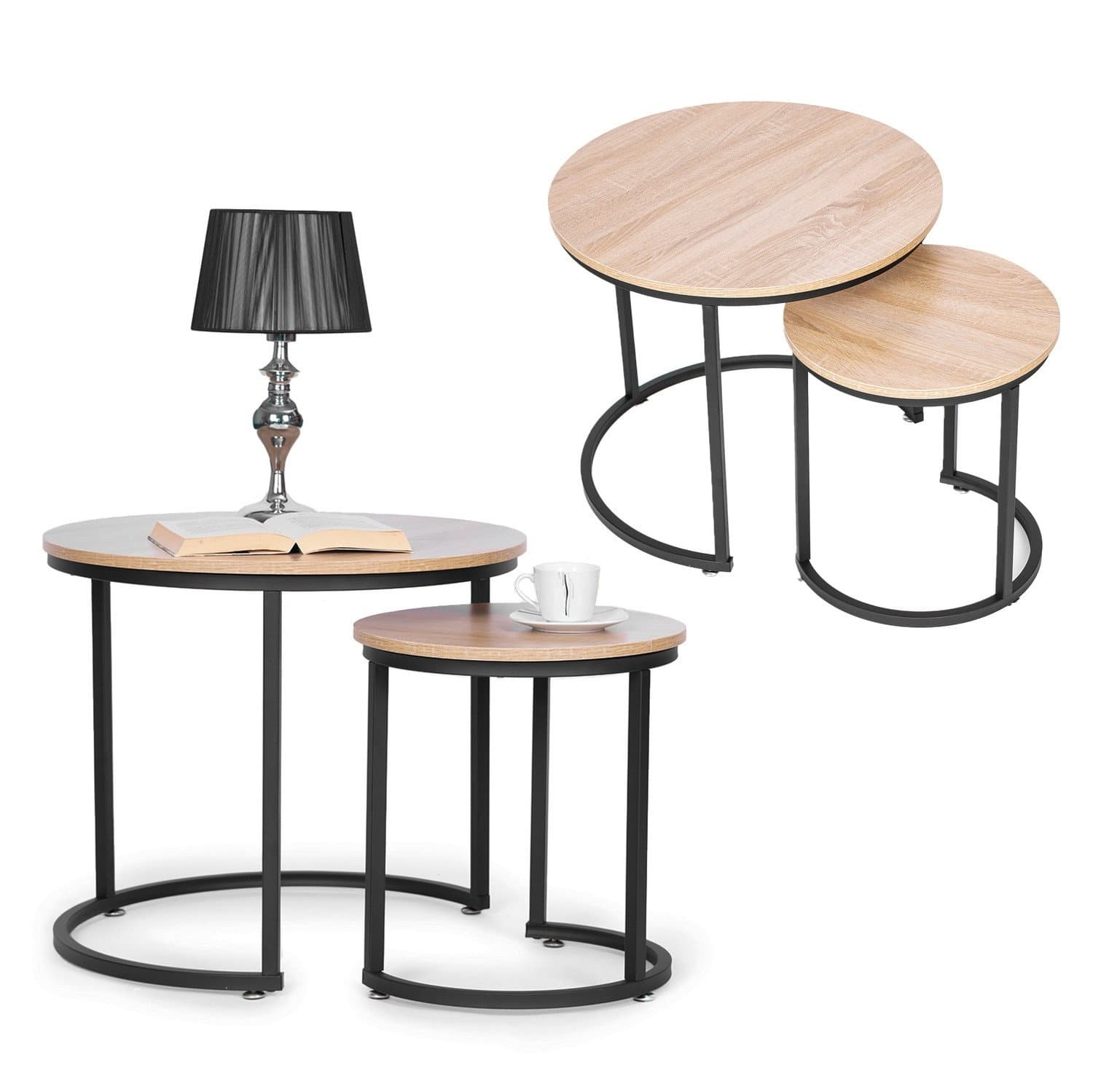 Set di 2 tavoli Loft, struttura in metallo e finitura in legno
