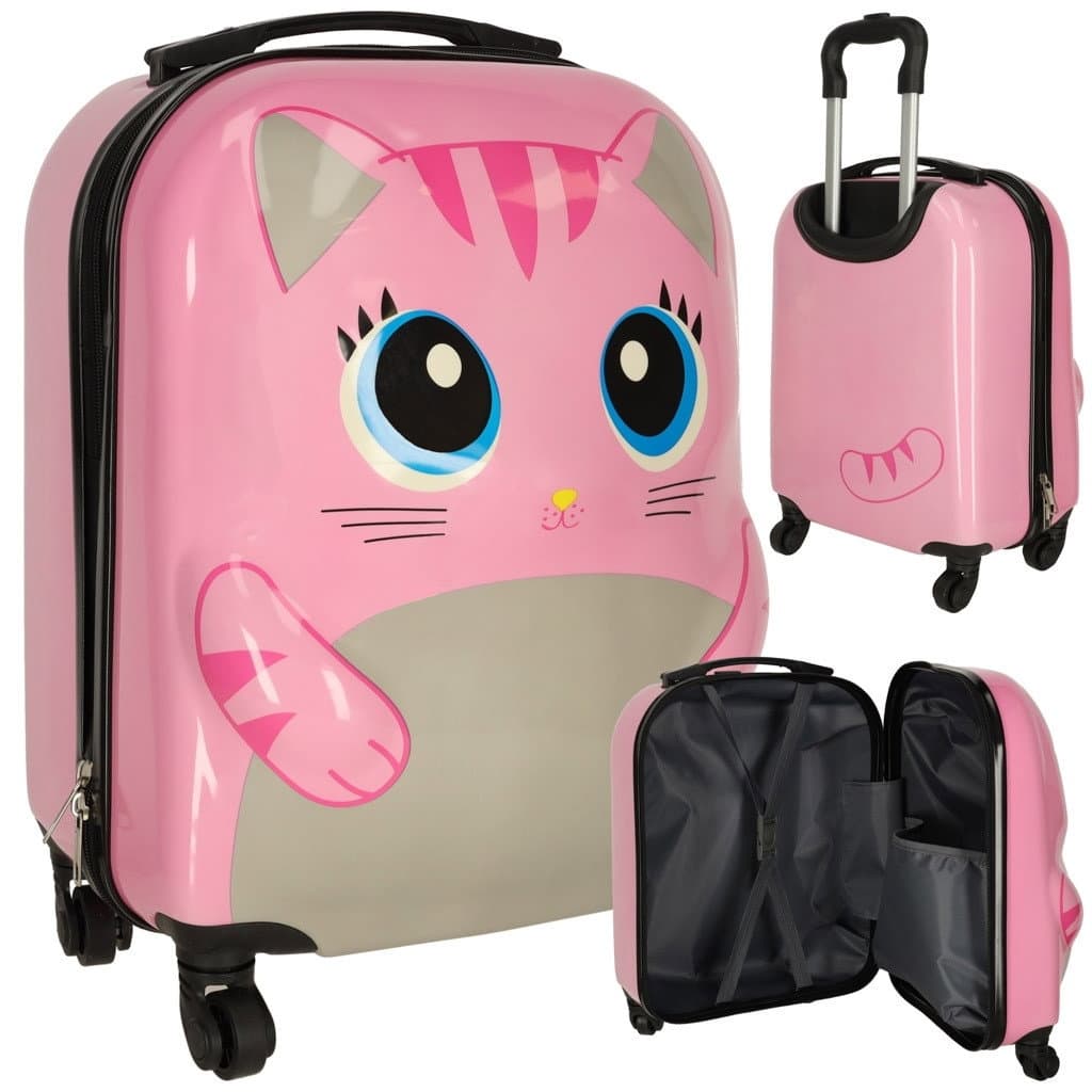Rosafarbene Kindertasche auf Rollen mit Katzenmotiv