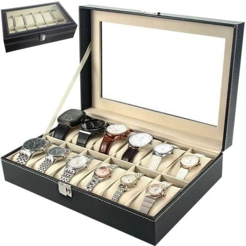 Elegante schwarze Aufbewahrungsbox für 12 Uhren und Schmuck