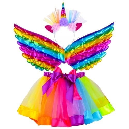 Costume da unicorno con gonna, ali e fascia per capelli