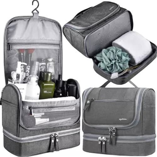 Borsa per cosmetici impermeabile grigia da appendere con tasche