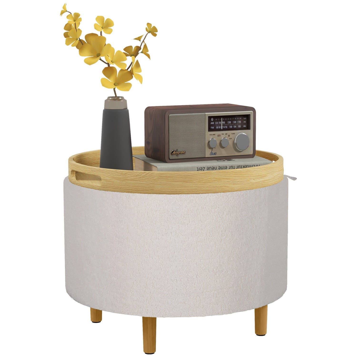 Ottomano rotondo bianco con contenitore, gambe in legno, moderno