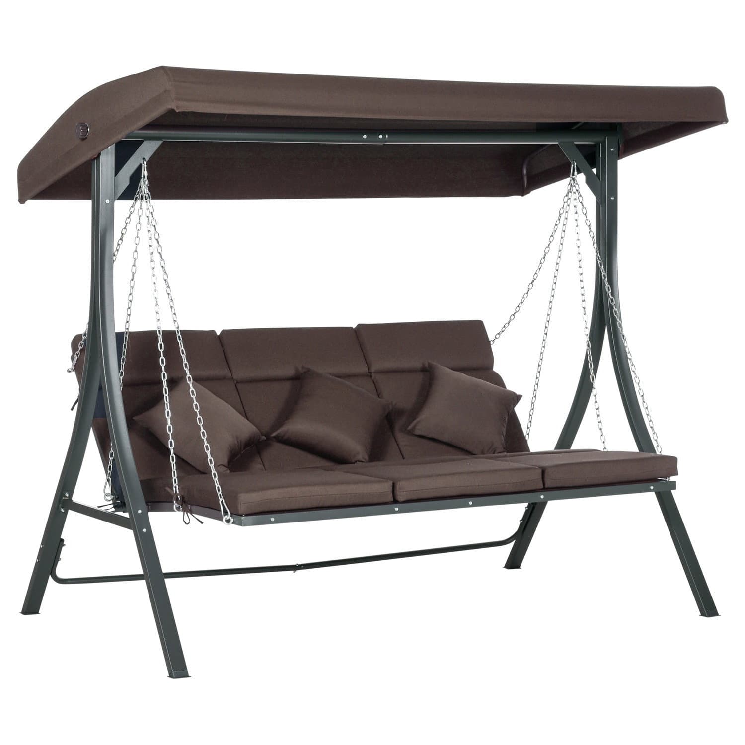 Braune 3-Sitzer-Schaukelbank mit Kissen und Sonnenschirm