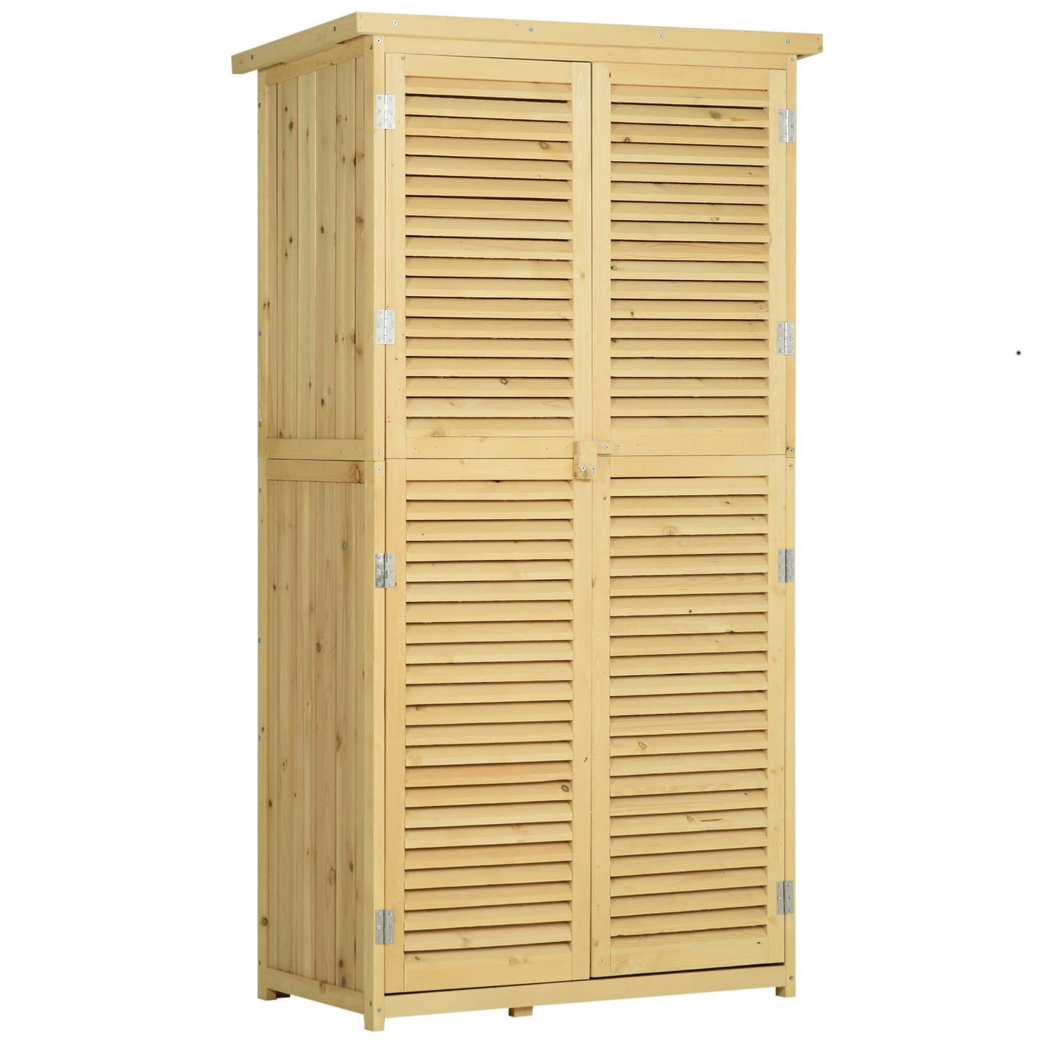 Geräteschuppen aus Holz mit Lamellentür und Asphaltdach