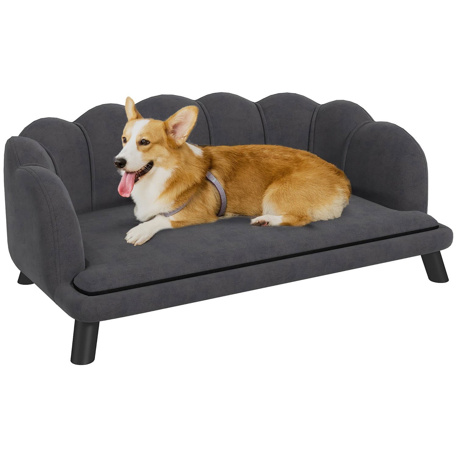 Dunkelgraues Hundesofa mit Rückenlehne und Holzbeinen