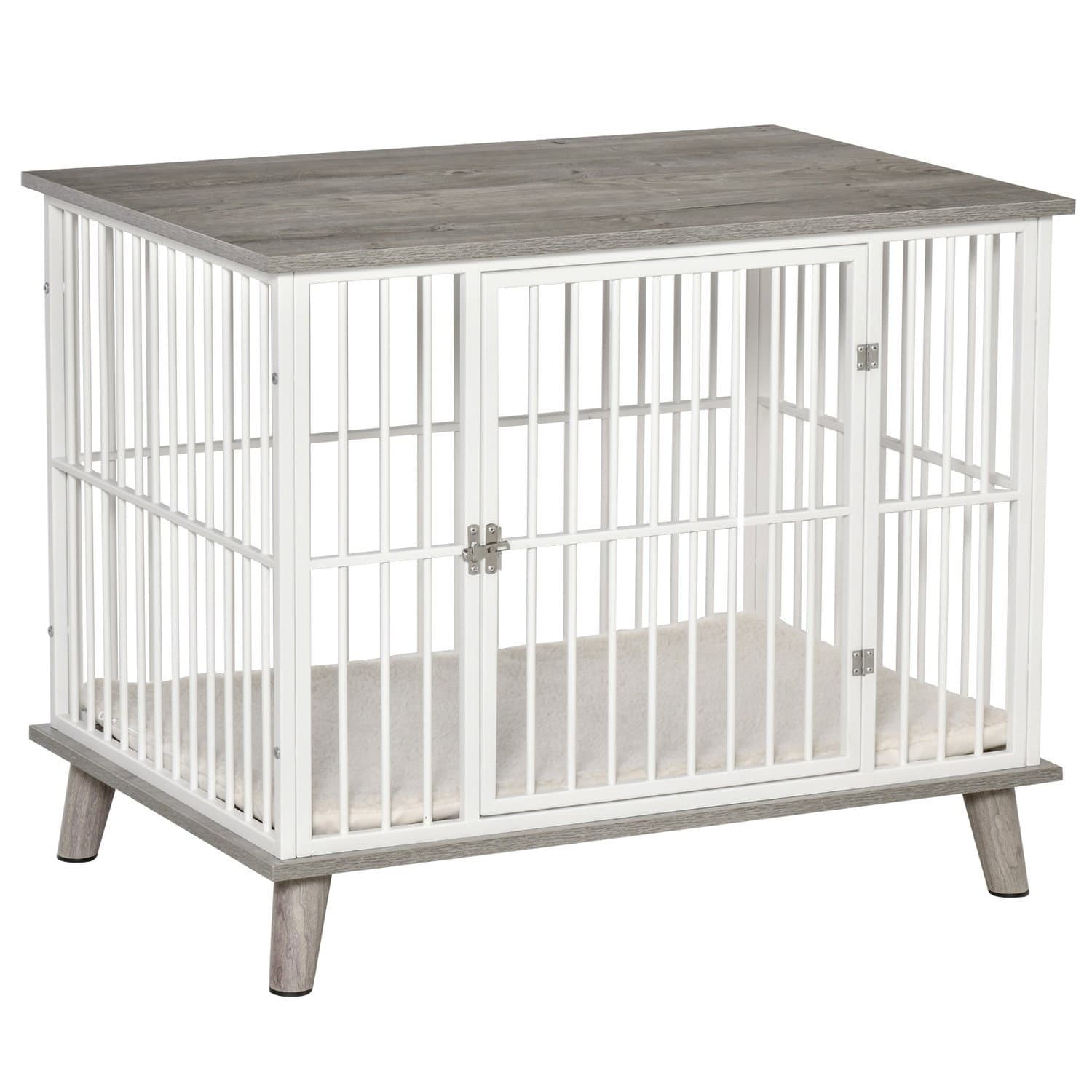 Gabbia per cani media in legno con cuscino bianco/grigio