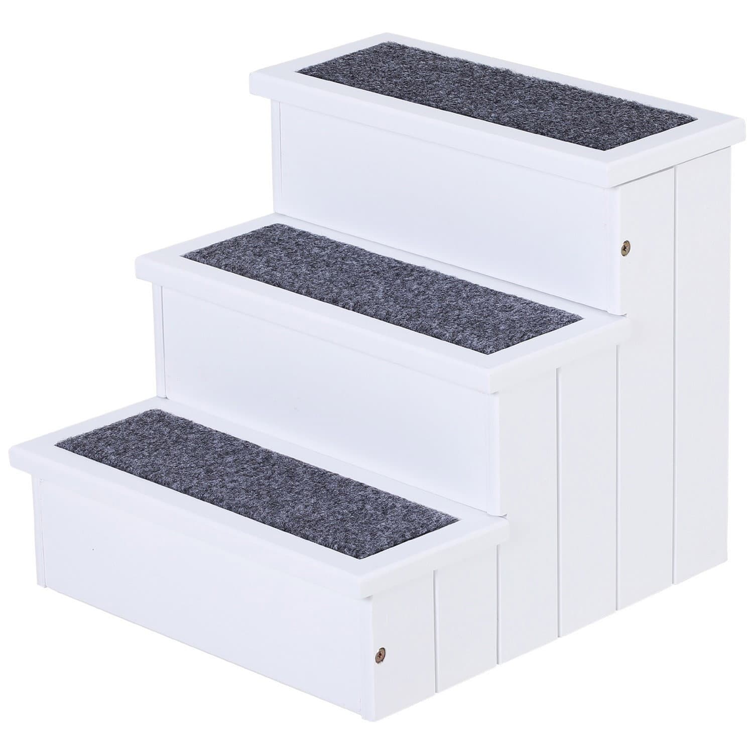 Escalier pour chien blanc avec rangement et housse de tapis