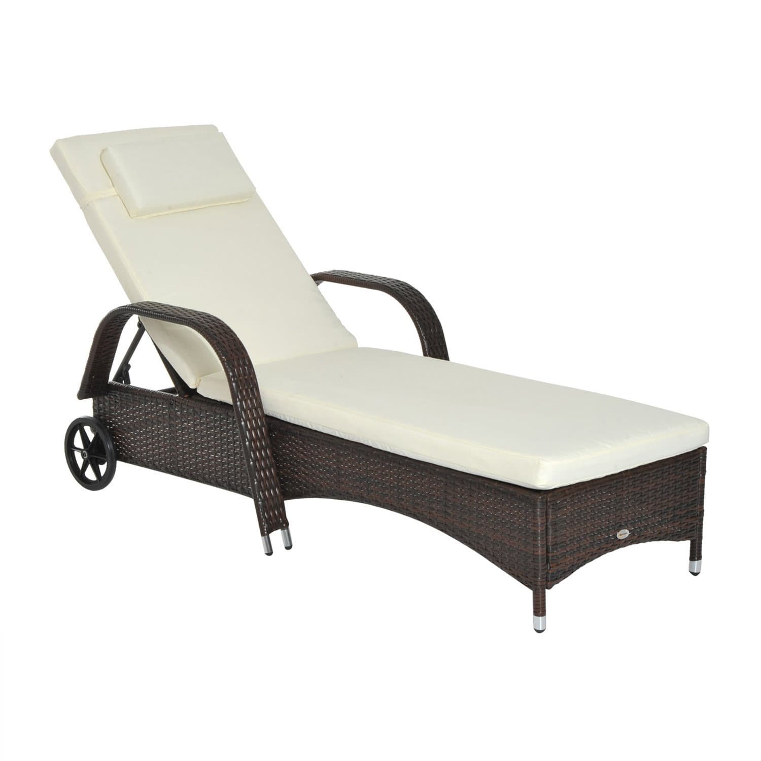 Kaffeebraune Sonnenliege aus Polyrattan mit Rollen und Kissen