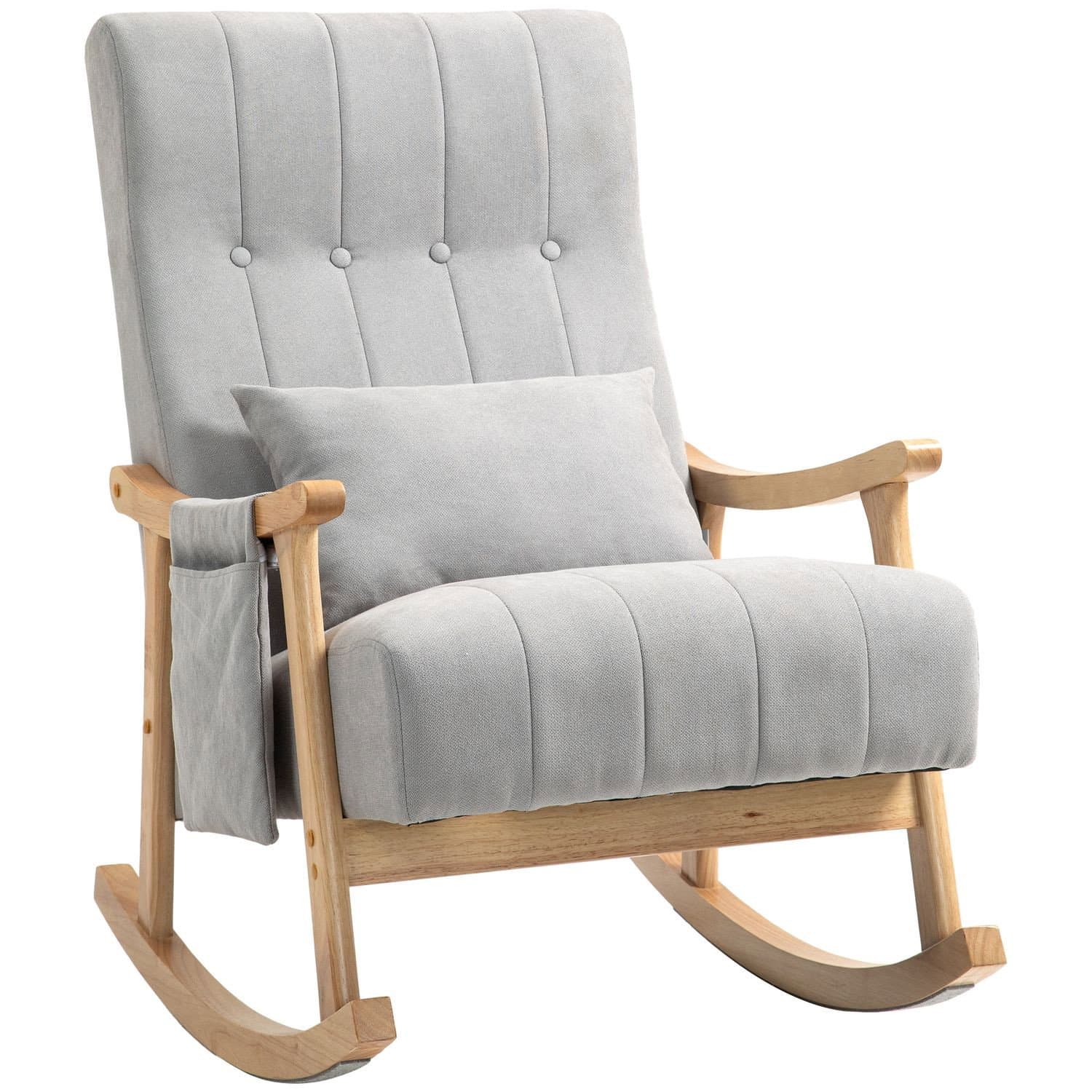 Chaise à bascule rembourrée avec coussin lombaire, poche latérale, chaise de relaxation, structure en bois, aspect lin, pour sal