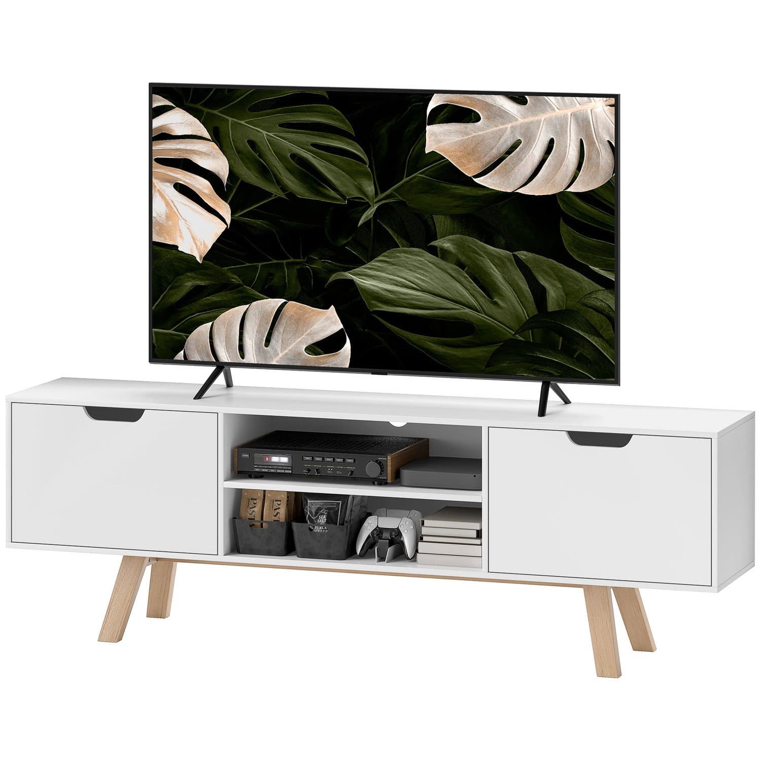 Mobile TV, supporto TV per televisori fino a 65 pollici, credenza bassa con 2 armadi e 2 ripiani, mobile TV per soggiorno, 150 x