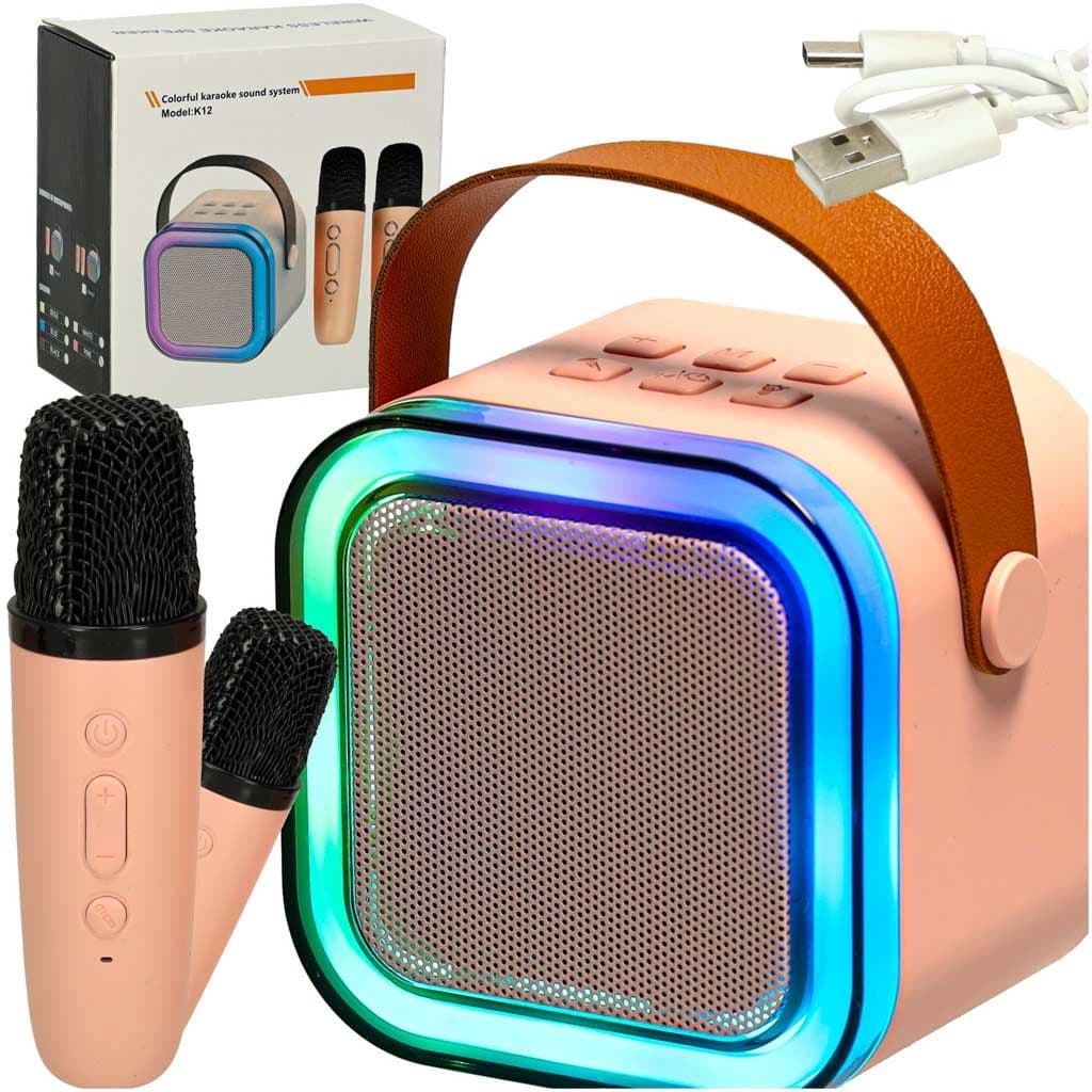 Set karaoke 2 microfoni + altoparlante portatile BLUETOOTH USB LED rosa