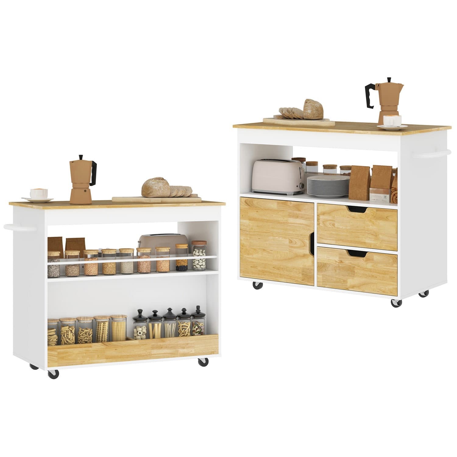 Carrello da cucina carrello da servizio con piano di lavoro, cassetti, carrello con mobile da cucina con anta ammortizzata, mani