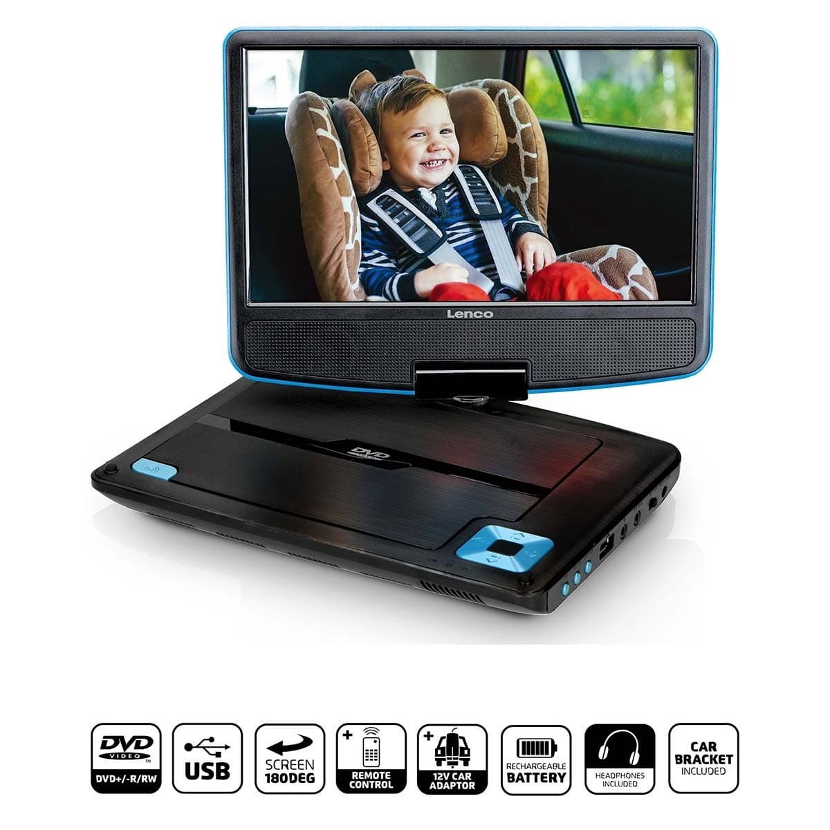 Lettore DVD portatile da 9" con cuffie USB e staffa di montaggio Blu/Nero