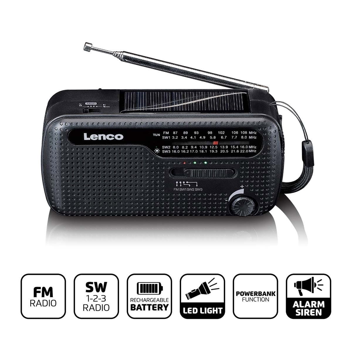 Torcia radio di emergenza portatile con carica e power bank in uno Nero