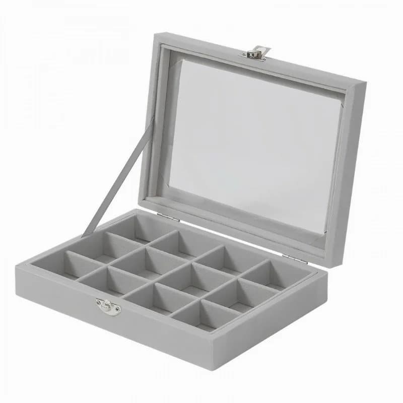 Herzberg HG-05309 : Organisateur de bijoux élégant avec couvercle en verre et 12 compartiments