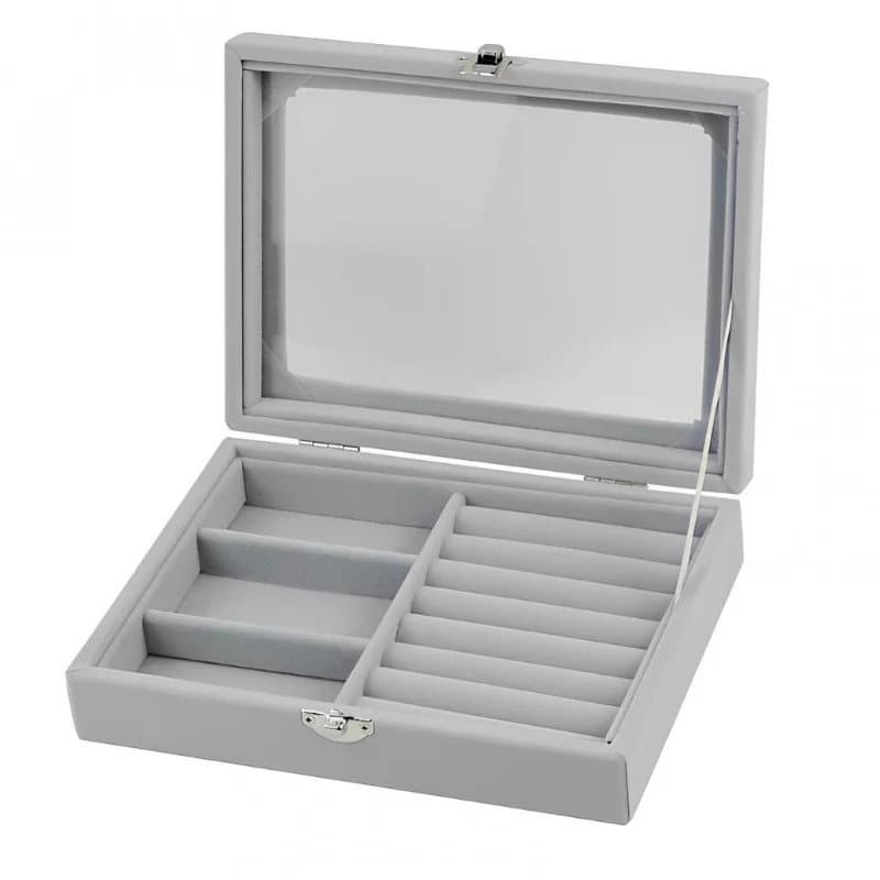 Herzberg HG-05330: Schmuck-Organizer aus Samt mit Glasdeckel, 3 Fächern + 7 Ringfächern