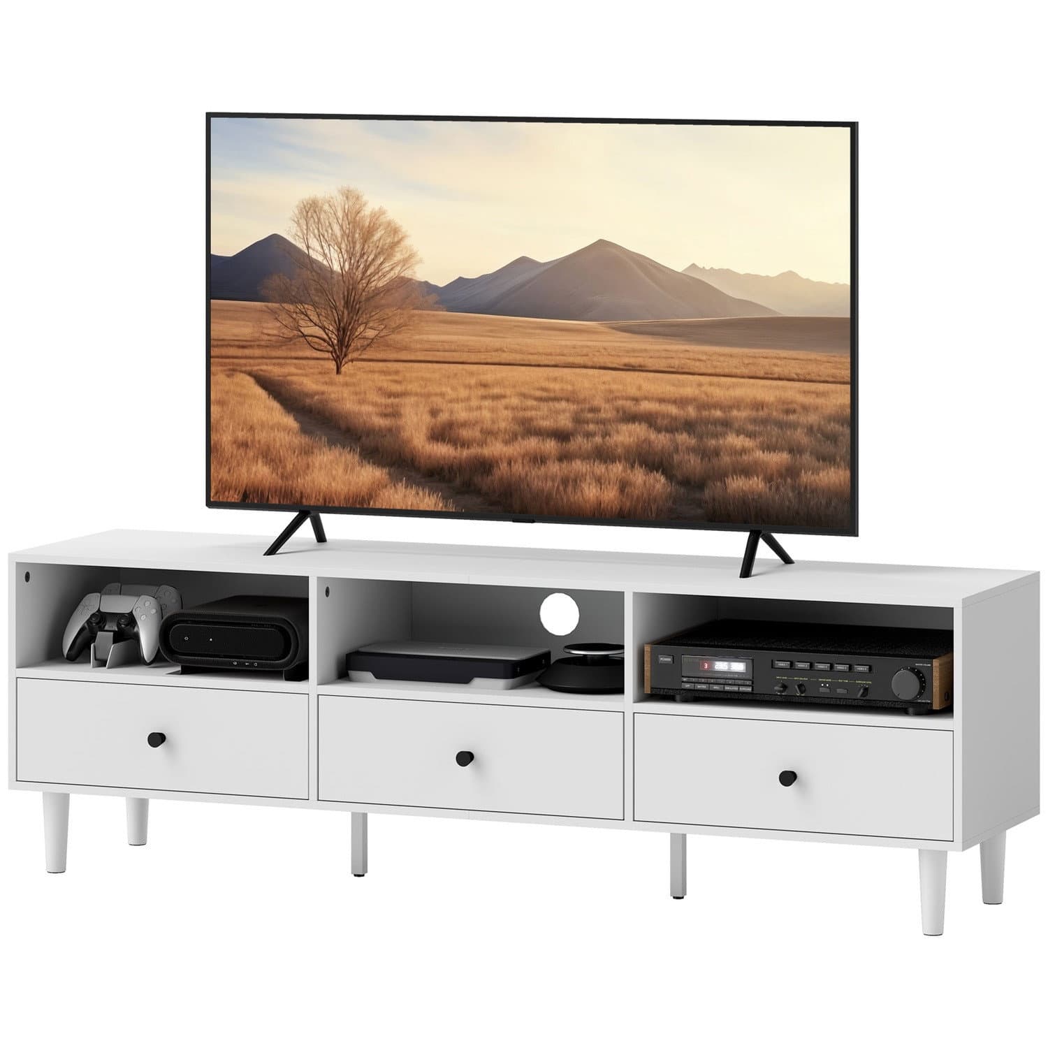 Meuble TV Meuble TV avec tiroirs, 3 compartiments ouverts Buffet TV de 140 cm de long avec passe-câbles pour téléviseurs jusqu'à