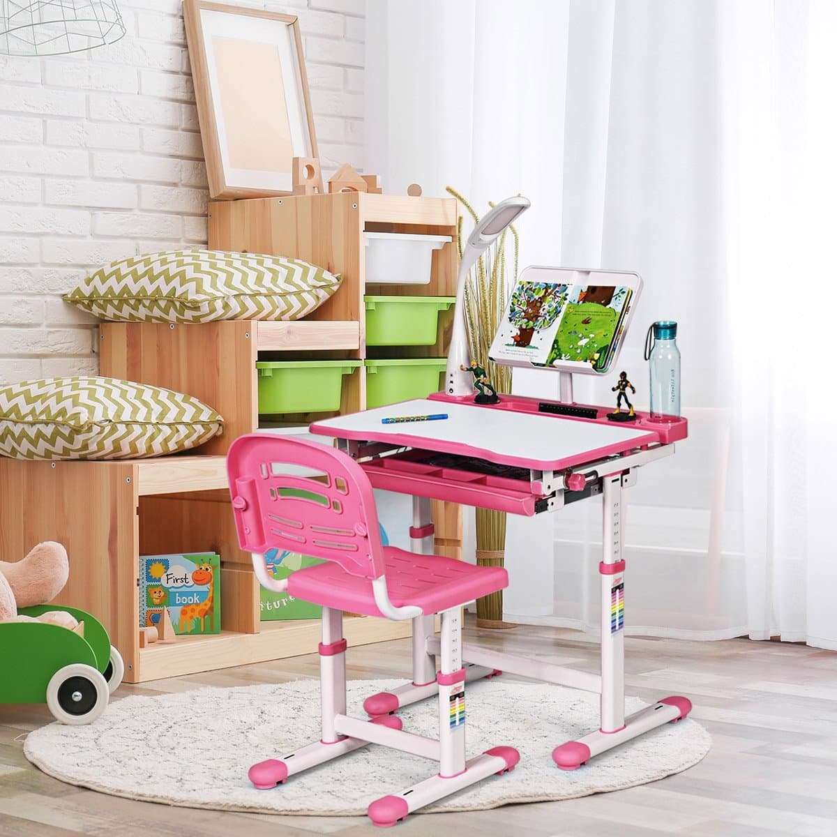 Kinderschreibtisch Neigungsverstellbar Schülerschreibtisch mit Lampe und Stuhl Farbewahl-Rosa