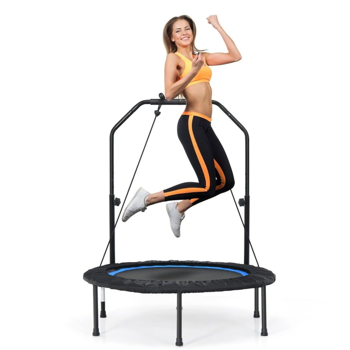 Ø101 cm Trampolin mit 2 Widerstandsbändern Mini-Trampolin mit höhenverstellbarem Griff Schwarz + Blau