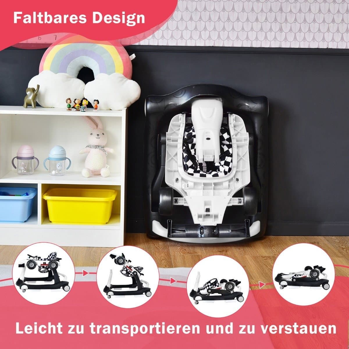 4 in 1 Lauflernwagen Klappbarer Lauflernwagen 73 x 64 x 50,5/53,5/55,5 cm Weiß