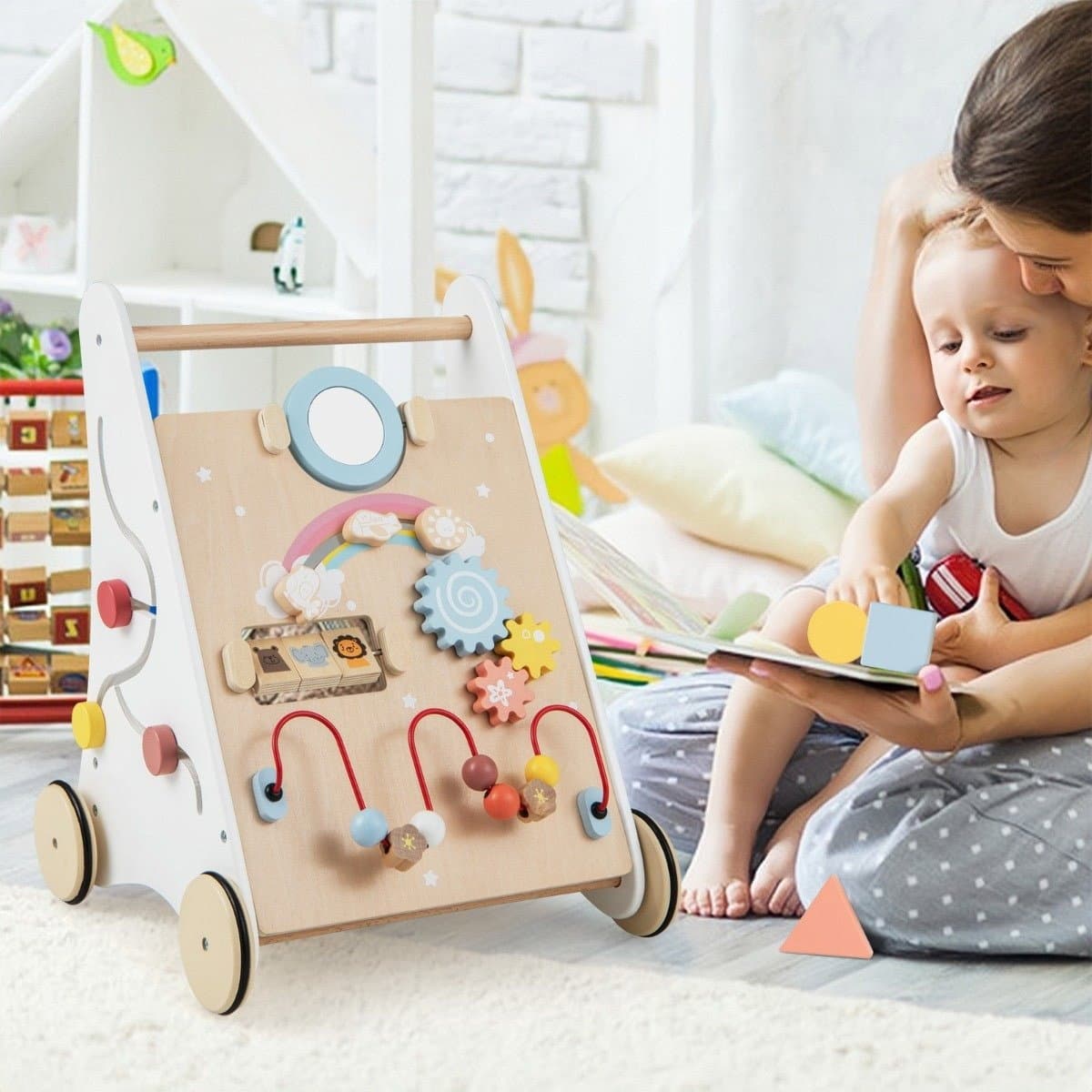 Trotteur en bois 7 en 1 avec plateau de jeu, miroir, blocs de construction et boîte de rangement.