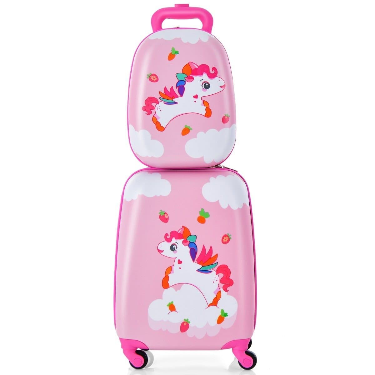 Valigia per bambini 2 pezzi + zaino in plastica trolley per bambini bagaglio per bambini 12"+16" unicorno rosa