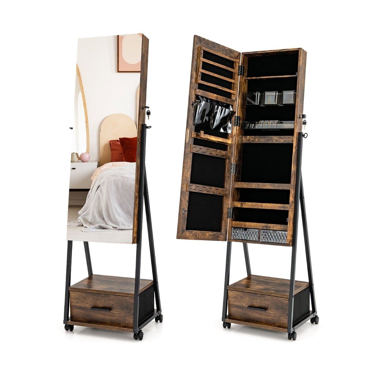Schmuckschrank mit Spiegel & Schublade Schmuck Spiegelschrank auf Rollen Braun