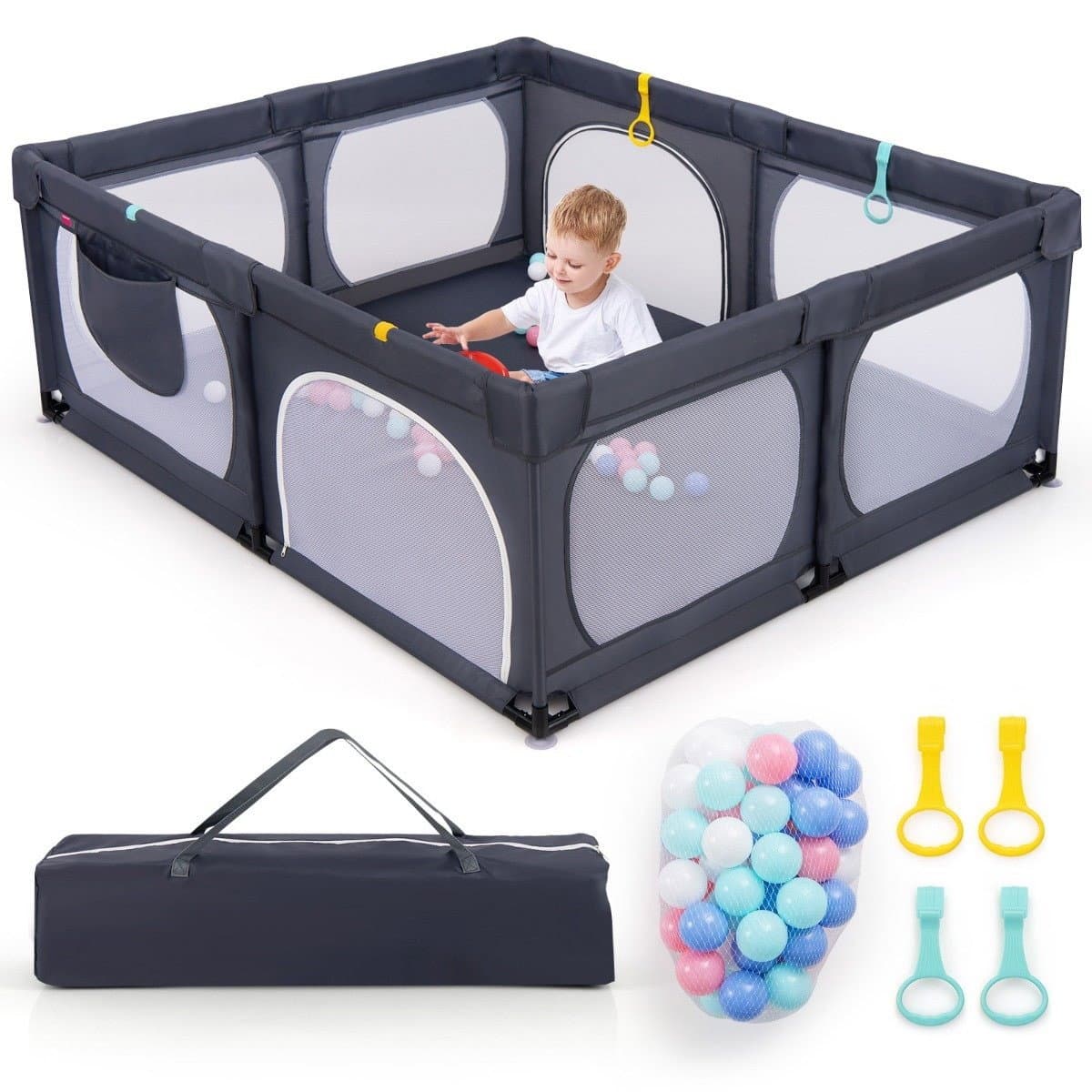 Box per bambini con 4 anelli da tirare e 50 palline oceaniche, rete traspirante e borsa per il trasporto, grigio scuro