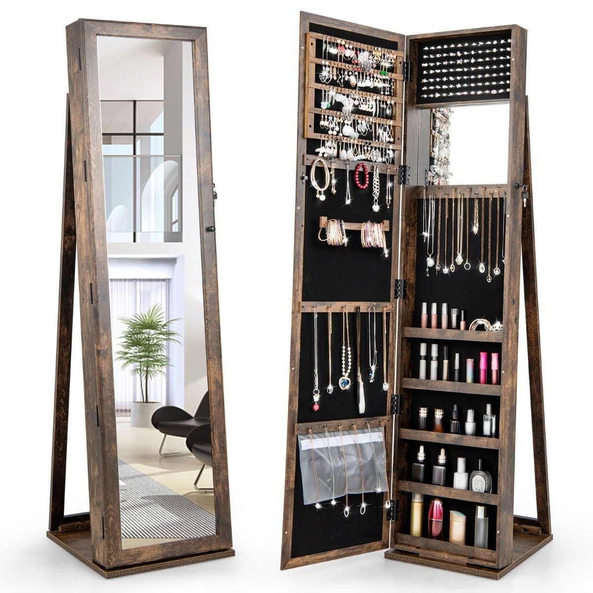 Schmuckschrank Spiegelschrank mit Ganzkörperspiegel und eingebauter Make-up-Spiegel Braun