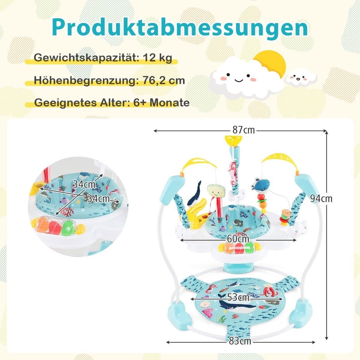 Baby Sky Jumperoo avec hauteurs réglables & jouets & trotteur boîte à musique bleu clair